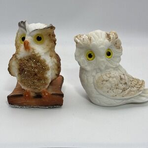 2 VINTAGE NORLEANS ALABASTER SALTSTONE‎ OWL YELLOW EYES MADE IN ITALY 3" TALL